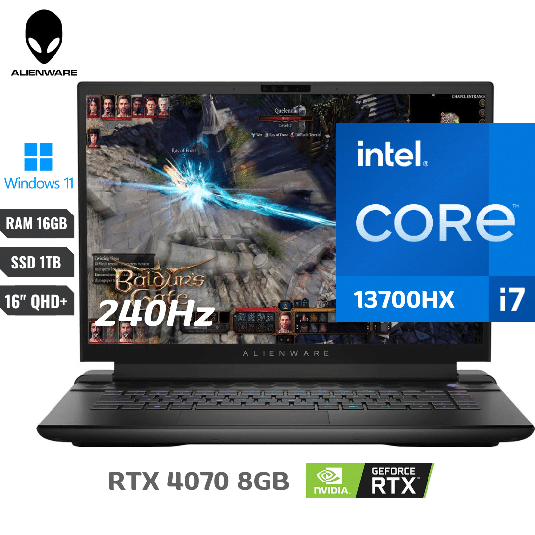 COMPUTADOR PORTATIL DELL ALIENWARE M16 R1 INTEL CORE I7 13700HX (13VA) 16 GB RAM – 1 TB SSD NVME WIN 11 HOME RTX 4070 8GB- 16″ 2560 X 1600 (QHD+) 240 HZ – 802.11A/B/G/N/AC/AX (WI-FI 6E) – NEGRO LUNA METÁLICA OSCURA CON 1 YEAR CARRY-IN SERVICE + 1 YEAR COMPLETE CARE –