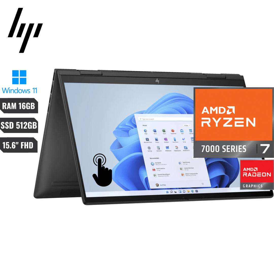 COMPUTADOR PORTATIL HP ENVY X360 2 EN 1 15-FH0023DX AMD RYZEN 7 7530U (7TH) (13VA EN INTEL) RAM 16GB DDR4 SSD 512GB 15.6” FHD (1920×1080) *TOUCHSCREEN* AMD RADEON GRAPHICS WEBCAM BLUETOOTH WINDOWS 11 HOME COLOR BLACK –