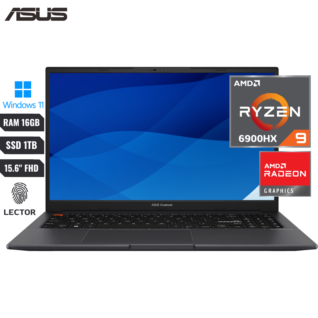 COMPUTADOR PORTATIL ASUS VIVOBOOK S 15 AMD RYZEN 9 6900HX (6TH) RAM 16GB DDR5 SSD 1TB PCIE 15.6” FHD (TECLADO ILUMINADO), (LECTOR DE HUELLAS) (USB 3.2 GEN 2 TIPO C) (HARMAN/KARDON) (WI-FI 6 802.11AX) (BLUETOOTH 5.2) INTELIGENCIA ARTIFICIAL DE CANCELACION DE RUIDO, WINDOWS 11 ORIGINAL