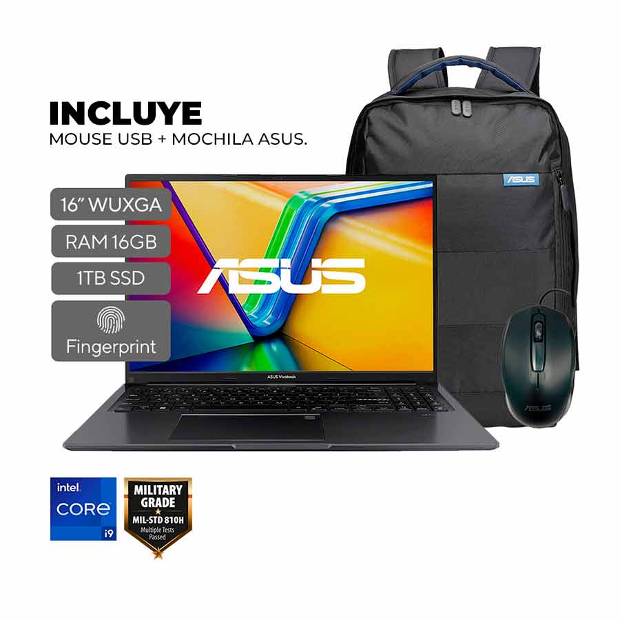 COMPUTADOR PORTATIL ASUS VIVOBOOK X1605VA-MB648 INTEL CORE I9 13900H (13VA) RAM 16GB SSD 1TB FREEDOS 16″ LED ANTIGLARE USB 2.0 USB 3.2 TIPO C 2 USB 3.2 HDMI ESPAÑOL INCLUYE MOCHILA Y MOUSE INDIE BLACK – X1605VA-MB648 –