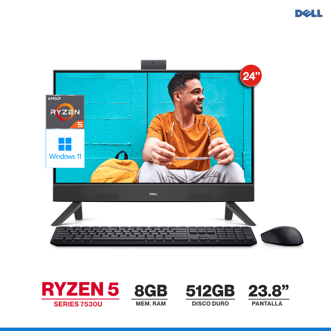 COMPUTADOR ALL IN ONE  DELL INSPIRON 5415 RYZEN 5 7530U (7MA)RAM 8GB (HASTA 32GB) SSD 512GB 23.8" *TOUCH* (1920X1080) AMD RADEON GRAPHICS (WI-FI 6) (10/100/1000) NEGRO WINDOWS 11 HOME ORIGINAL, TECLADO ESPAÑOL