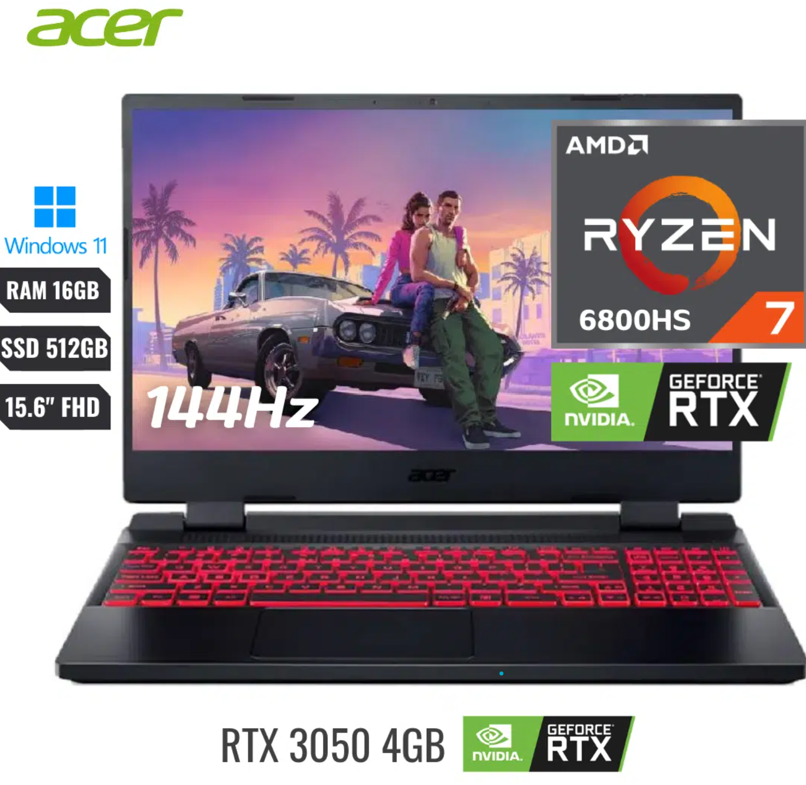 COMPUTADOR PORTATIL ACER NITRO 5 AN515-46-R68T RYZEN 7 6800HS RAM 16GB 512GB SSD VIDEO RTX3050 4GB 15.6″FHD WINDOWS HOME 11 WIFI 6 + BT 1 HDMI 1 USB 3.2 TIPO C 2 USB TIPO A RJ45 RGB