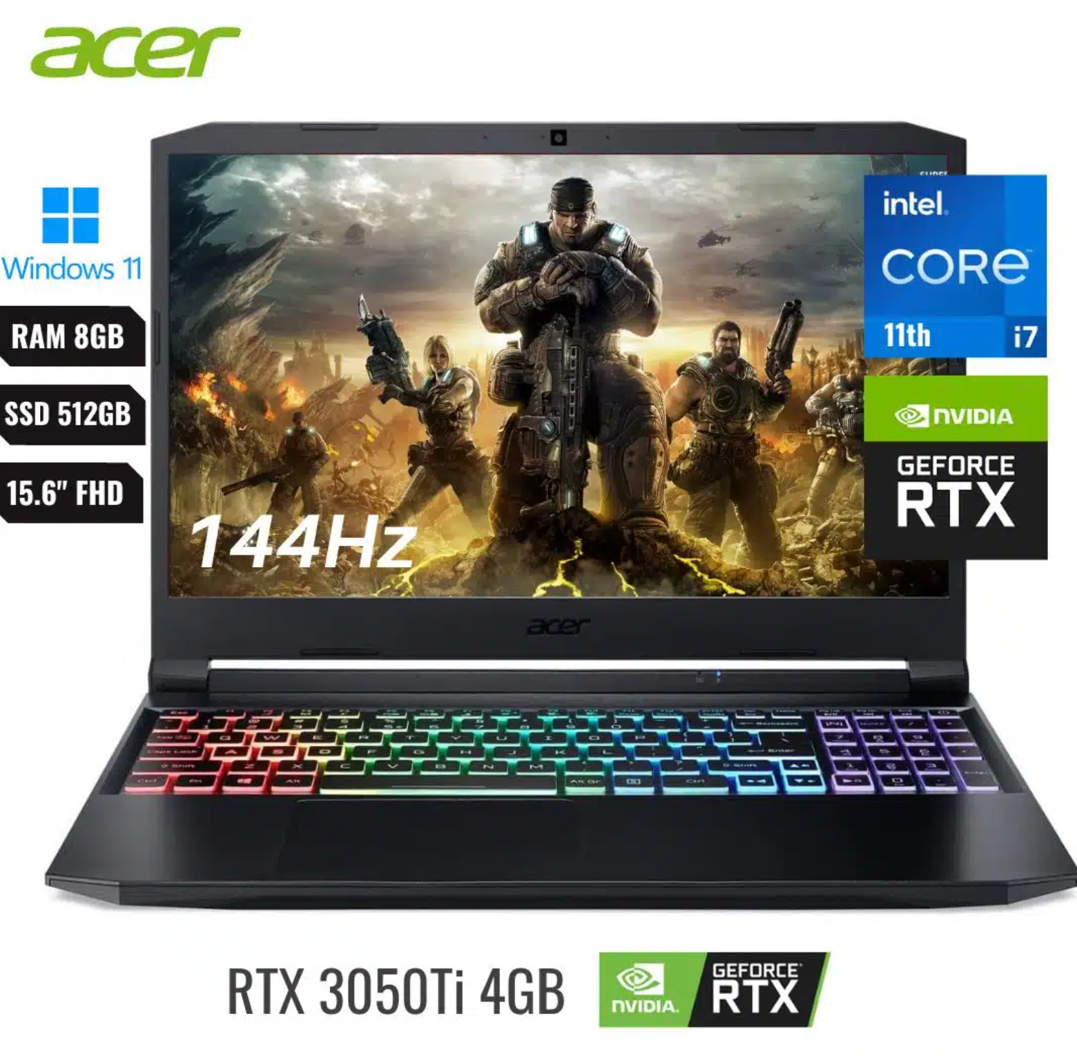 COMPUTADOR PORTATIL ACER NITRO 5 GAMING INTEL CORE I7 11800H (11VA) RAM 8GB ( SSD 512GB PCEI +HDD 1TB ) 15.6 FHD IPS 144HZ *NVIDIA GEFORCE RTX 3050 TI 4GB* (TECLADO ILUMINADO) WINDOWS 11 HOME ORIGINAL, TECLADO INGLES