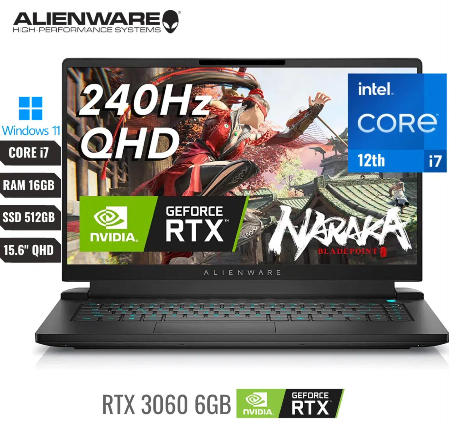 COMPUTADOR PORTATIL DELL ALIENWARE M15 GAMING INTEL CORE I7 12700H (12VA) 16GB RAM 512GB SSD 15.6” COMFORTVIEW PLUS QHD (2560 X 1440) 240HZ *NVIDIA GEFORCE RTX 3060 6GB VRAM* WINDOWS 11 HOME INGLES –