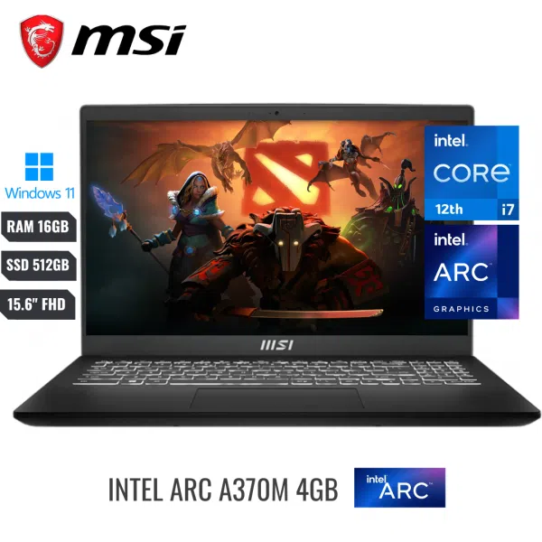 COMPUTADOR PORTATIL MSI MODERN GAMING INTEL CORE I7 1255U (12VA) RAM 16GB SSD 512GB PCIE 15.6 FHD IPS *INTEL ARC A370M 4GB* (TELCADO ILUMINADO) WI-FI 6 WINDOWS 11 HOME INGLES - MODERN 15 B12HW-001