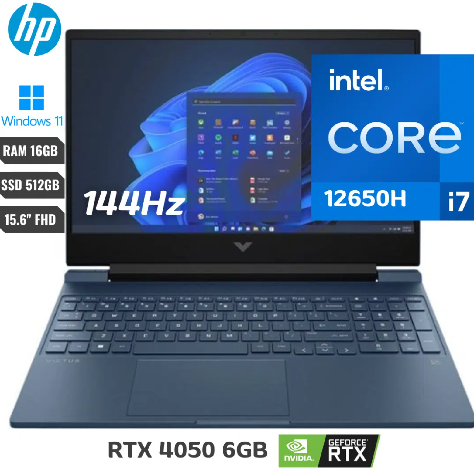 COMPUTADOR PORTATIL HP VICTUS 15 15FA-1163DX INTEL CORE I7 12650H 16GB RAM 512GB SSD 144HZ RTX 4050 6GB AZUL 15.6"