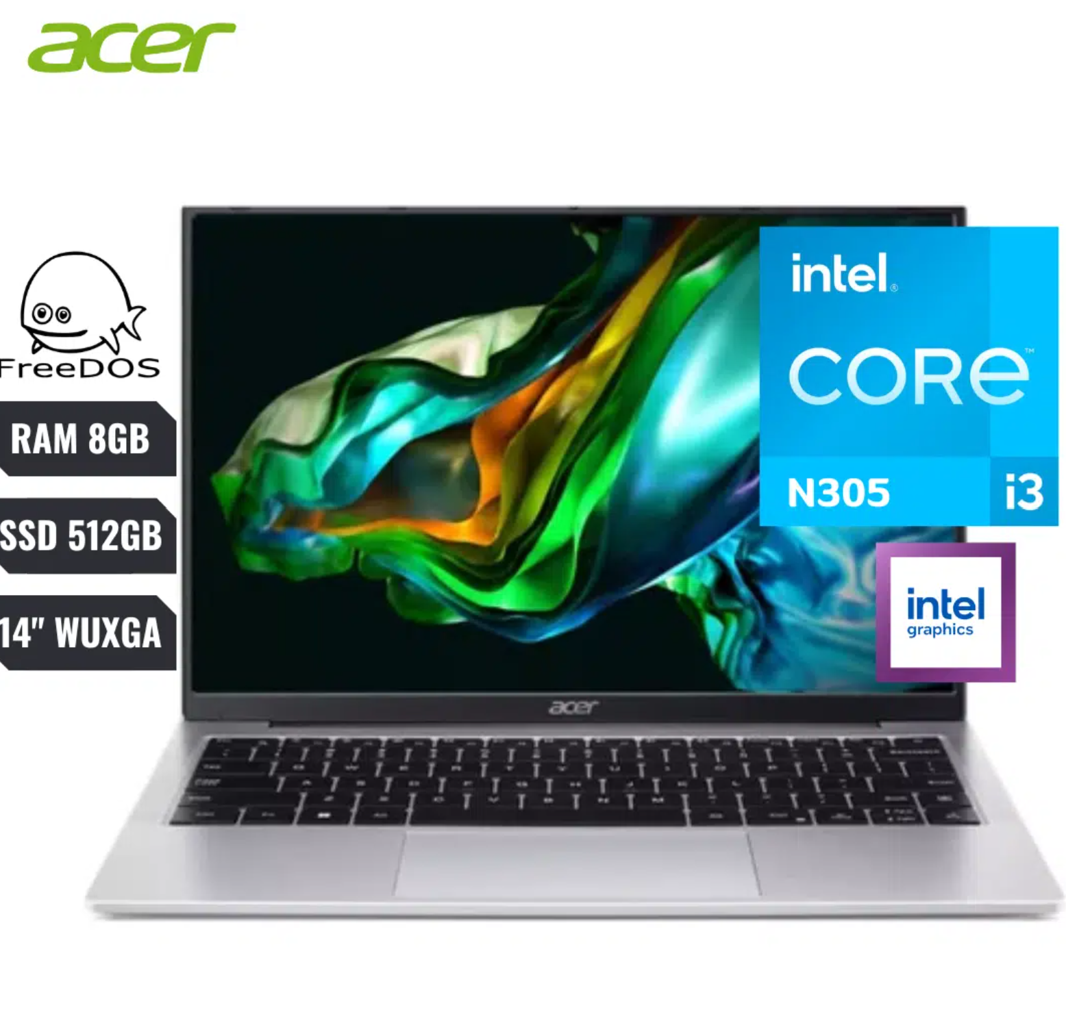 COMPUTADOR PORTATIL ACER ASP AG14-31P-33JZ INTEL CORE I3 N305 12VA GEN RAM 8GB SSD 512GB 14" WUXGA FREEDOS WIFI 6 + BT 2 USB 3.0 1HDMI 1TIPO C ESPAÑOL SILVER GRATISHEADPHONE ELASSER