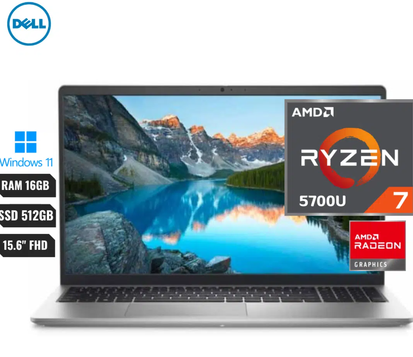 COMPUTADOR PORTATIL DELL INSPIRON 3525 AMD RYZEN 7 5700U (5TH) RAM 16GB SSD 512GB PCIE SSD 15.6" FHD WINDOWS 11 HOME ORIGINAL, COLOR PLATA, TECLADO ESPAÑOL