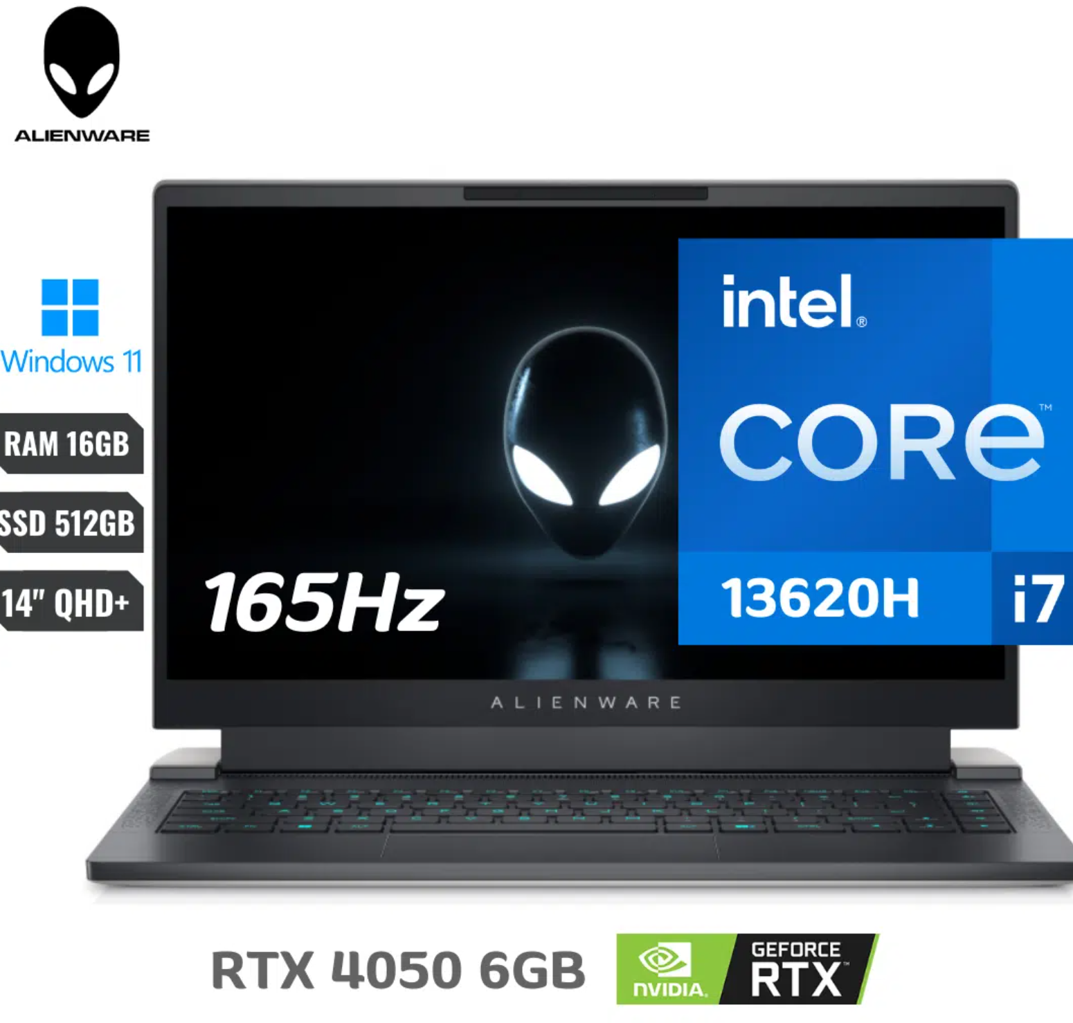 COMPUTADOR PORTATIL DELL ALIENWARE X14 R1 INTEL CORE I7 13620H (13 VA) 16 GB RAM – 512 GB SSD WIN 11 HOME RTX 4050 8GB – CLASS 40 – 14″ 2560 X 1600 (QHD+) 165 HZ – WI-FI 6E – BLANCO PLATA LUNAR ESPAÑOL CON 1 YEAR CARRY-IN SERVICE + 1 YEAR COMPLETE CARE –